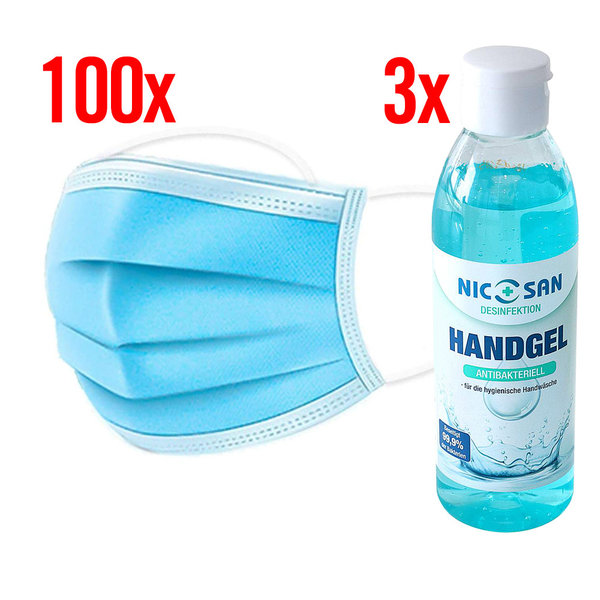100 x Mund-/ Nasenmaske + 3 x 250ml Hand Desinfektionsgel