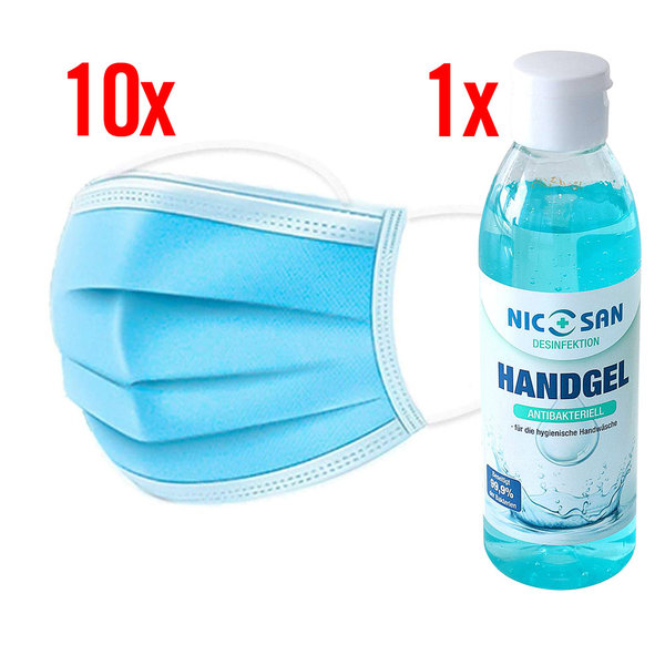 10 x Mund-/ Nasenmaske + 1 x 250ml Hand Desinfektionsgel