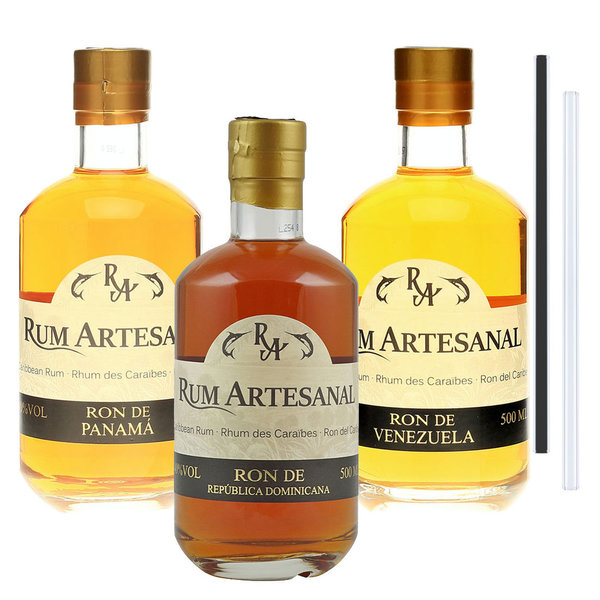 RA 3er Rum Set | Rum aus Panama, Venezuela, Dom.Rep, inkl. 2 Glasdrinkhalme (3x0,5l)