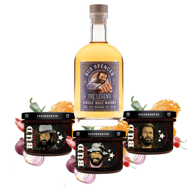 St.Kilian Bud Spencer Whisky – The Legend – rauchig + 3 x Essendorfer Bud BBQ Soßen